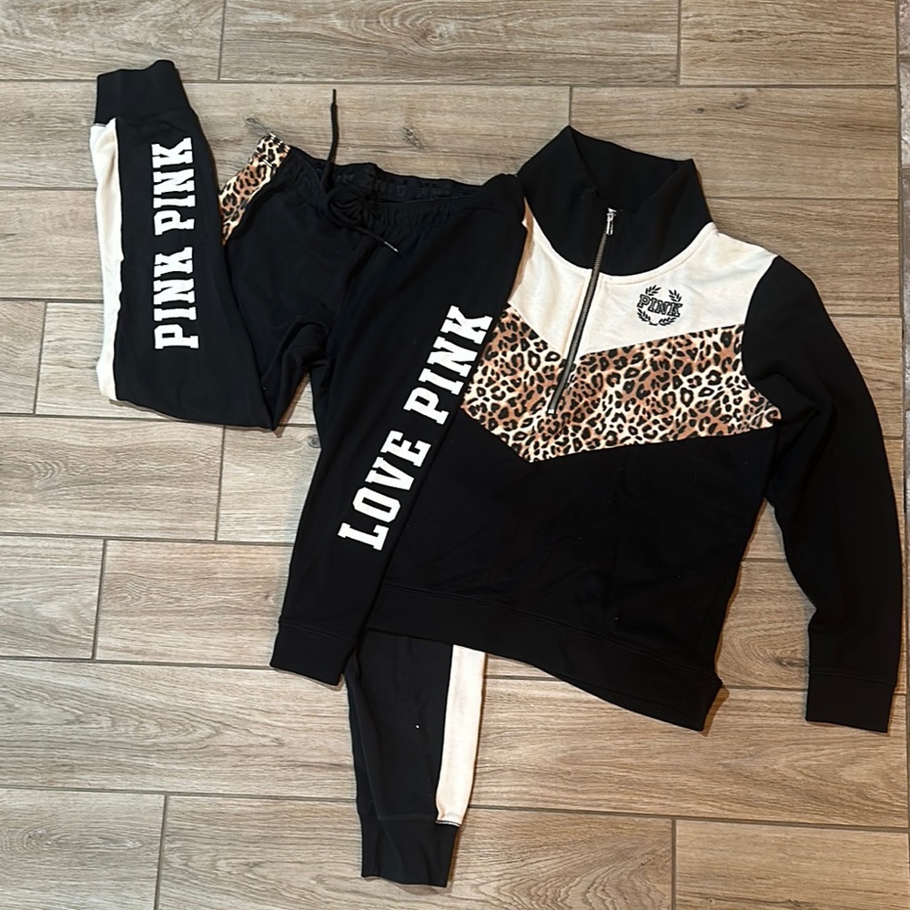 PINK Victoria's Secret Black&Cream sm pants hoodie lg for baggier fit